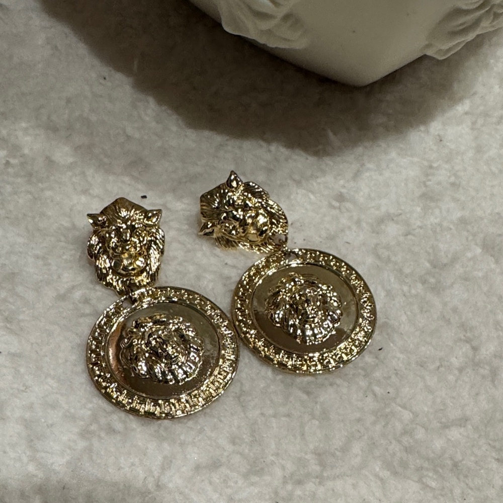 Gold Lion Head Drop Earrings